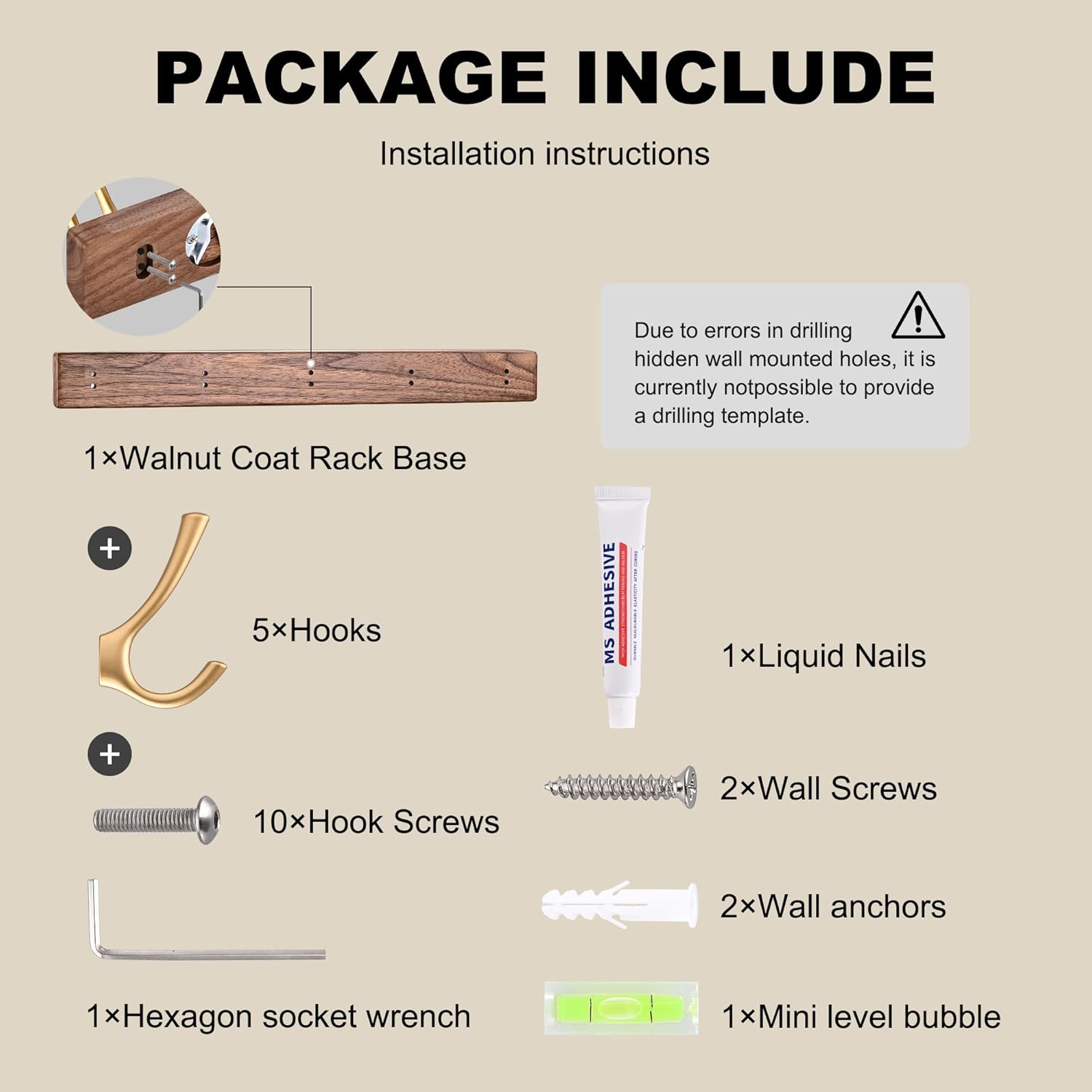 2 Pack 17.3" Walnut Wood Coat Rack Wall Mount with 5 Hooks, Heavy Duty Wooden Jacket Hanger Door Mounted for Decorative Entryway Bathroom Hanging Towel Backpack Purse Hat Key Satin Gold