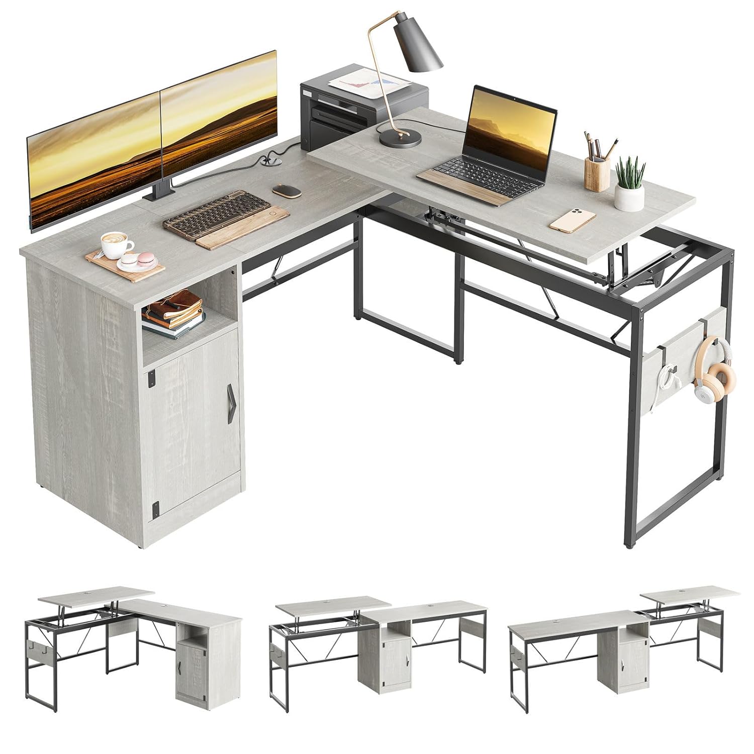 Bestier Versatile 60 Inch L-Shaped Standing Desk Lift Top Corner Desk Extending to 95 Inches with Storage Cabinet