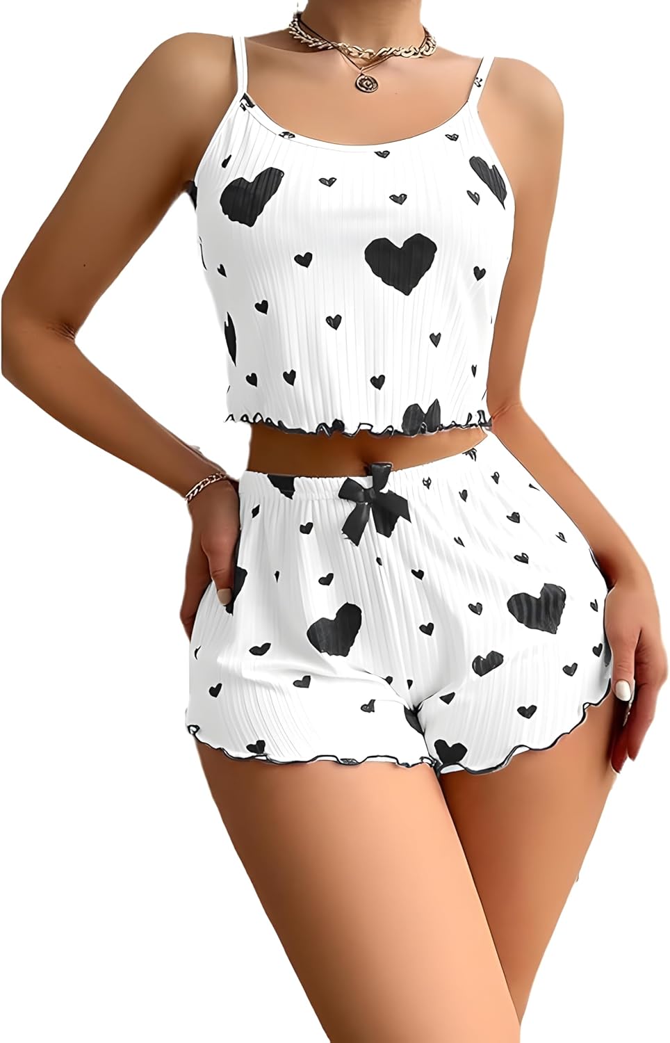 Women's Graphic 2 Piece Pajama Set Summer Cute Crop Cami Top and Shorts Ribbed Sleepwear Sets