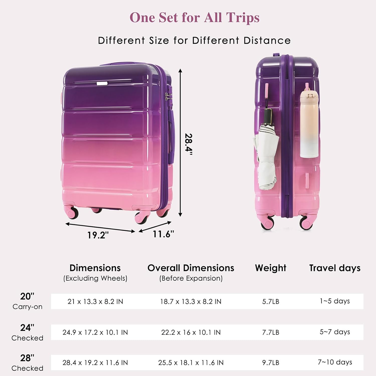 Hard Shell Luggage Sets 3 Piece with Charger USB Port, Travel Suitcase with Spinner Wheels, Carry on Luggage for Women Men Girls, Lightweight, 20/24/28 Inch (Purple)