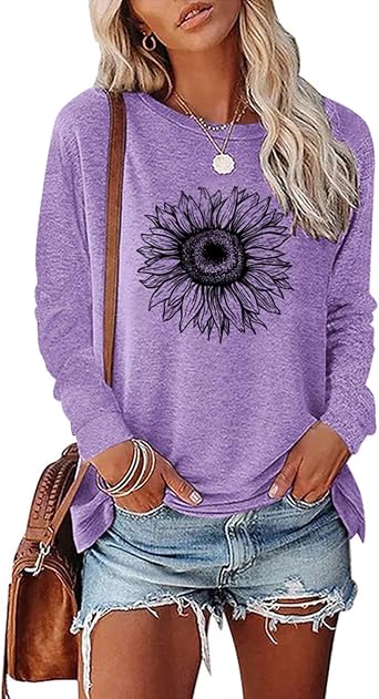 Womens Crewneck Graphic Sweatshirt Tops Fashion Sunflower Floral Printed Casual Cotton Long Sleeve Tees Shirt