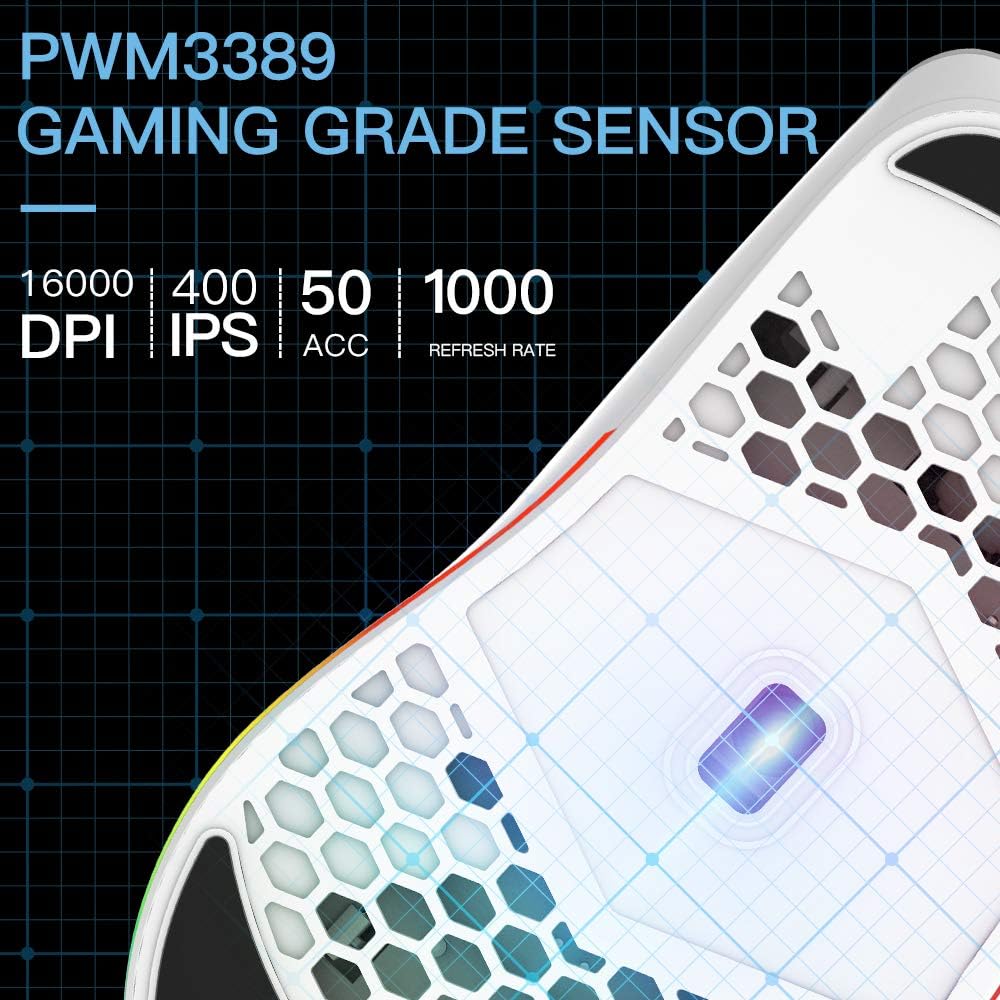 DeLUX 67G (2.36oz) Lightweight Gaming Mouse with PMW3389 Sensor, 50 to 16000CPI, Paracord Cable, Ormon Switch, RGB Backlit, 7 Programmable Buttons and On-Board Pro Software (M700BU(White))