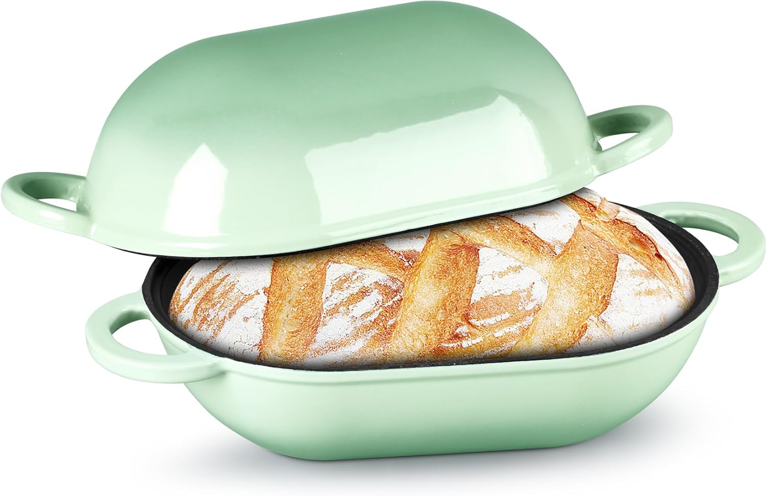 TeamFar Enameled Cast Iron Bread Loaf Pan, 2 QT Oval Dutch Oven with Lid for Sourdough Bread Baking, Enameled Meatloaf Loaf Baking Pan with Lid, Even Heat Distribution & Self-Basting, Red