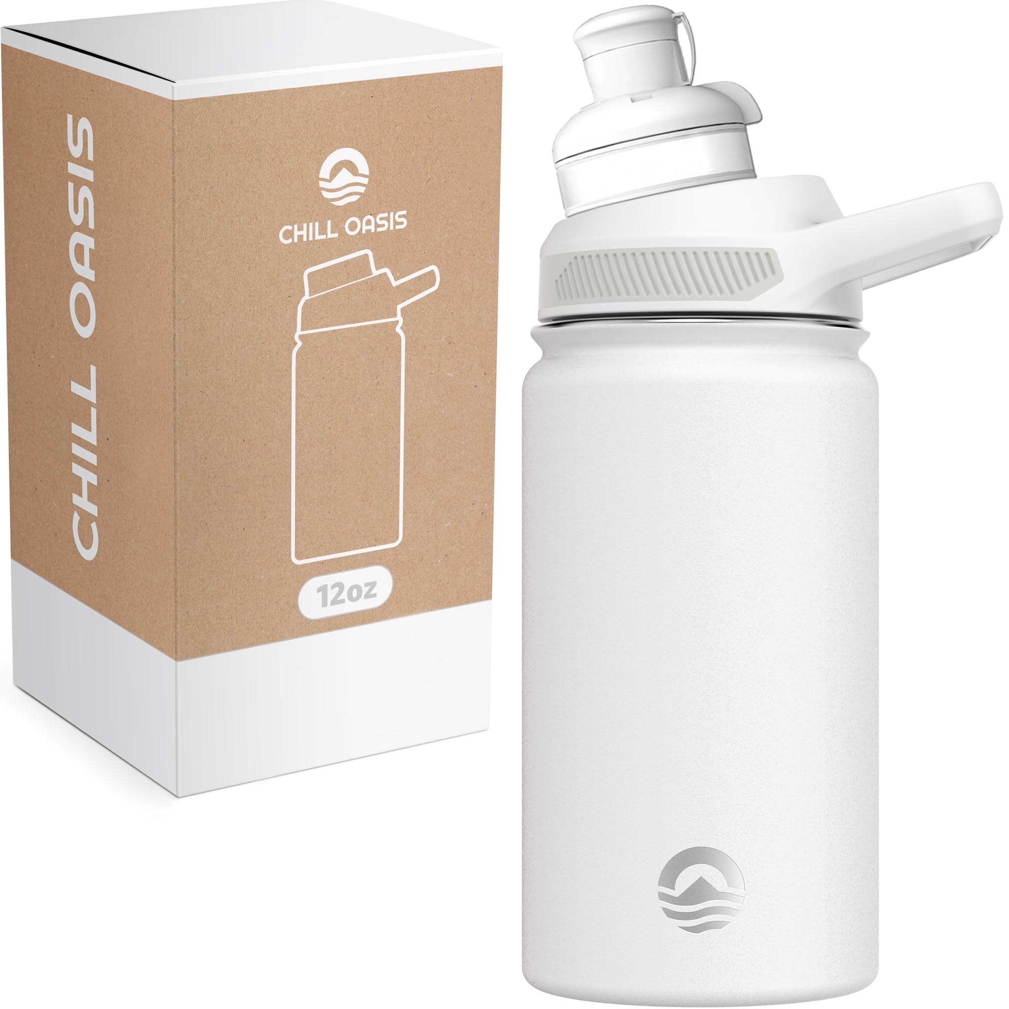 Chill Oasis Water Bottle | Compatible With Popular Flavor Cartridges | BPA Free, Leak Proof, Double-Walled Vacuum Insulated Stainless Steel, and Dishwasher Safe | Cold for 24 Hours (White, 12oz)