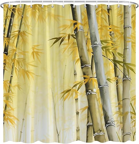 BCNEW Bamboo Shower Curtain Vintage FLL Bamboo Yellow Leaf Naturl Plant Asian Japanese Garden Polyester Fabric Bathroom Decor 60x70 Inches