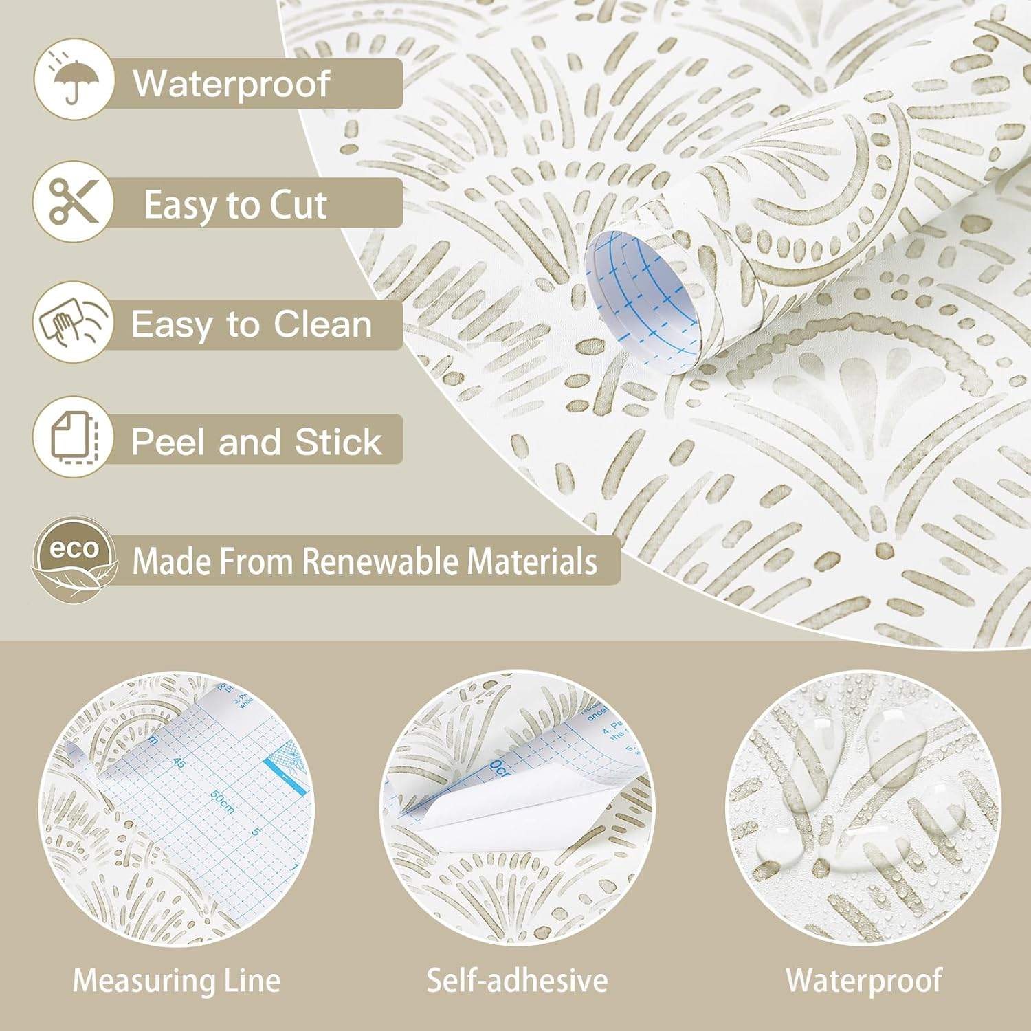 Safiyya Peel and Stick Wallpaper Boho Contact Paper 17.3"x 393" Beige and White Modern Wall Paper Self Adhesive Removable Wallpaper for Bedroom Vinyl Rolls