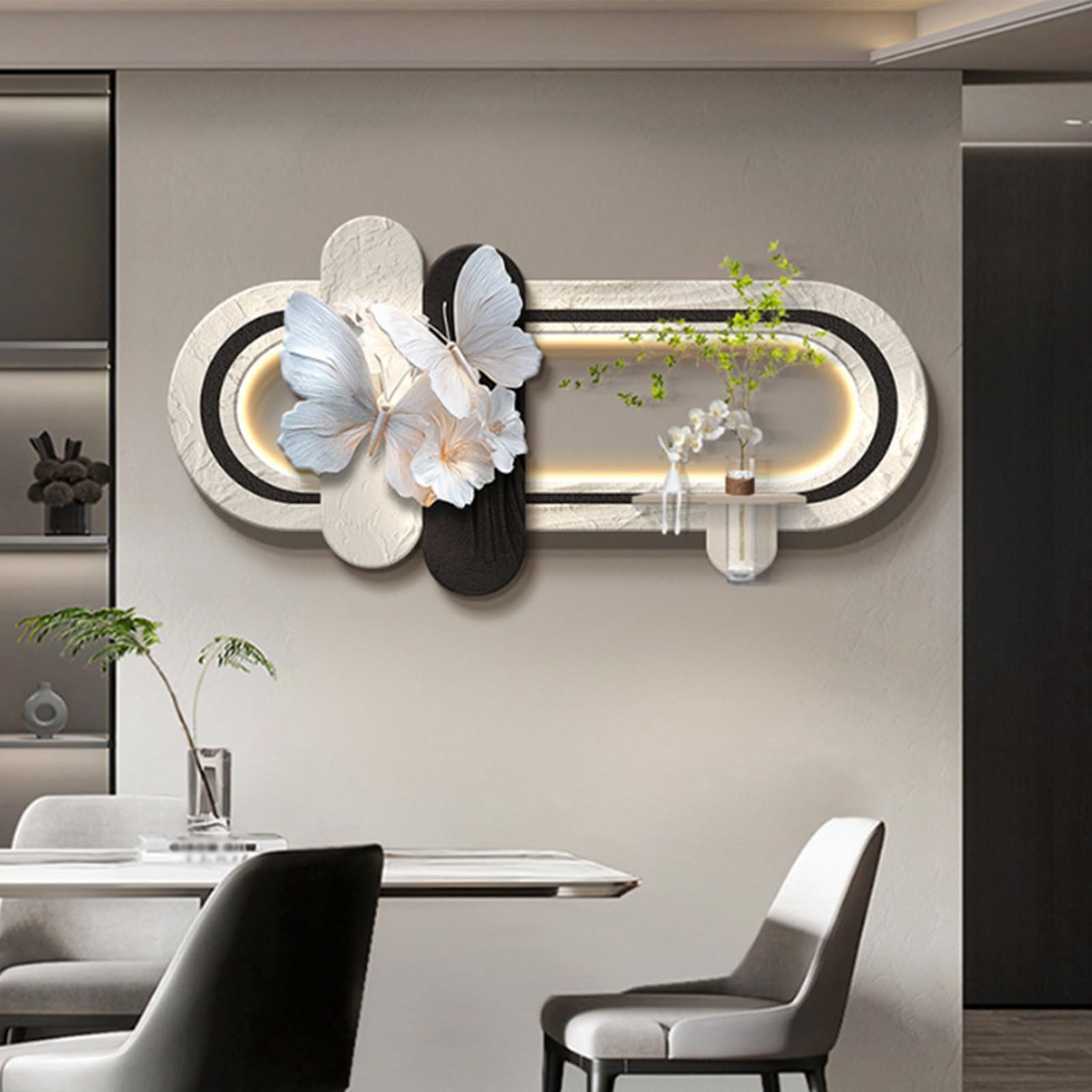 LED Sandstone Wall Decor, Butterfly Wall Sculpture Painting Decor with Glass Vase & Lights, Hydroponic Greenery Entrance Hanging Decor for Entrance Office Corridor(E,40 * 80cm)
