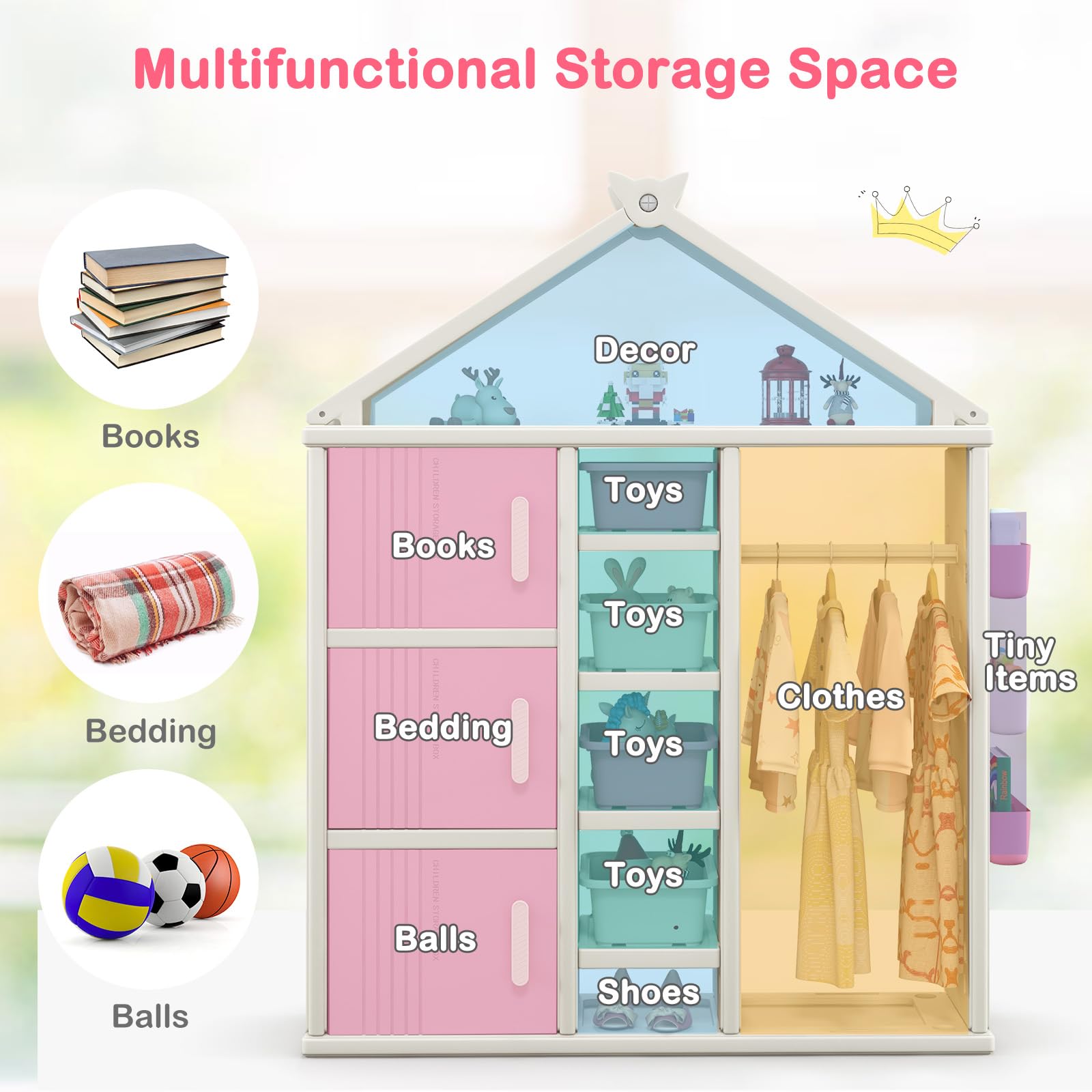 FANTASK Kinderregal in Hausform, 130 x 34 x 156 cm, Kindergarderobe mit Regalen, Seitenkörben & 4 Aufbewahrungsboxen, Kinder Kleiderschrank für Kinderzimmer (Rosa)