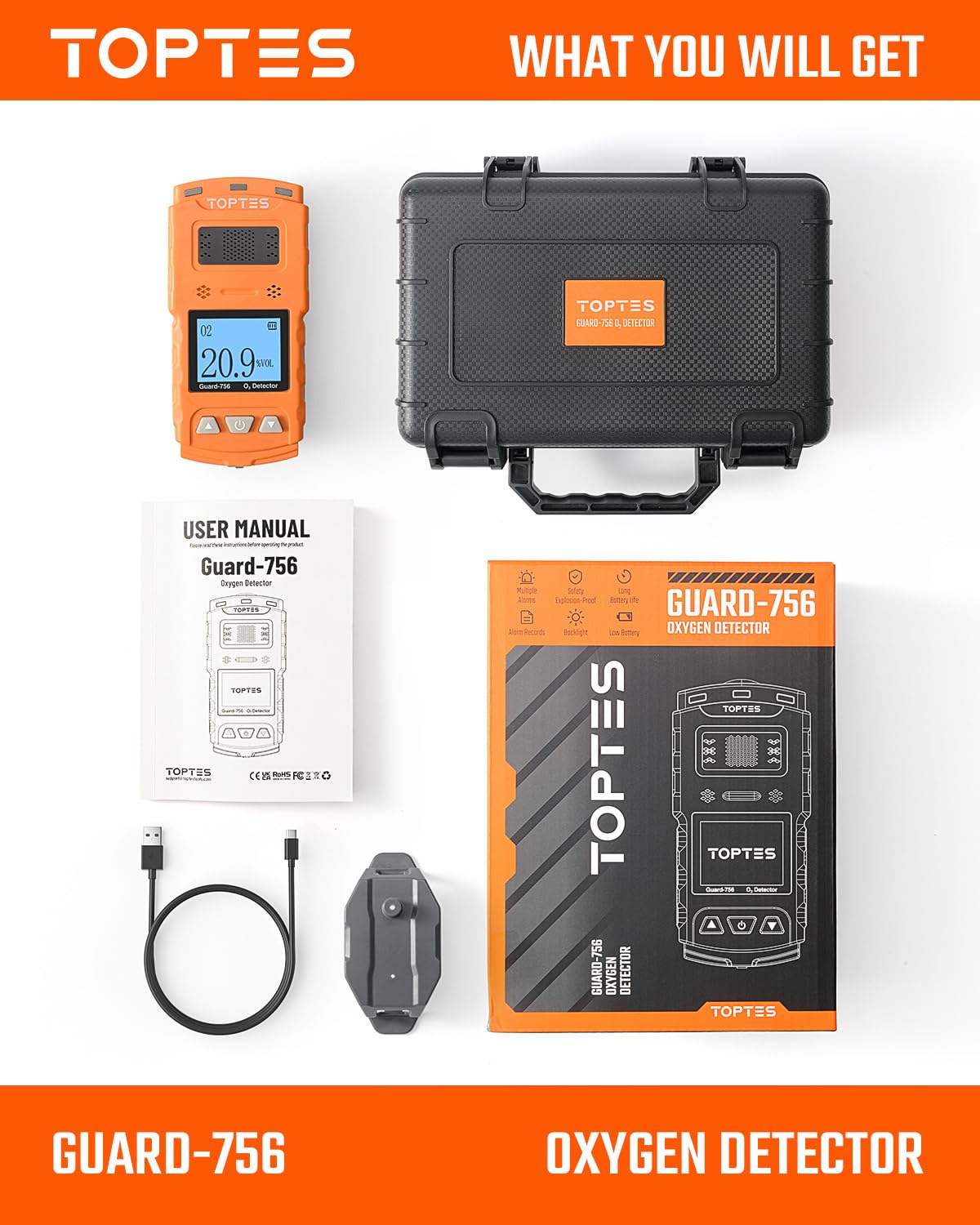 TopTes Guard-756 Moniteur O2 Amélioré, Détecteur D’oxygène, Réponse en 0,5s, Rechargeable, Alarmes par Vibration, Visuelle & Sonore, Résistant À La Poussière et Aux Explosions, pour Travail et Maison