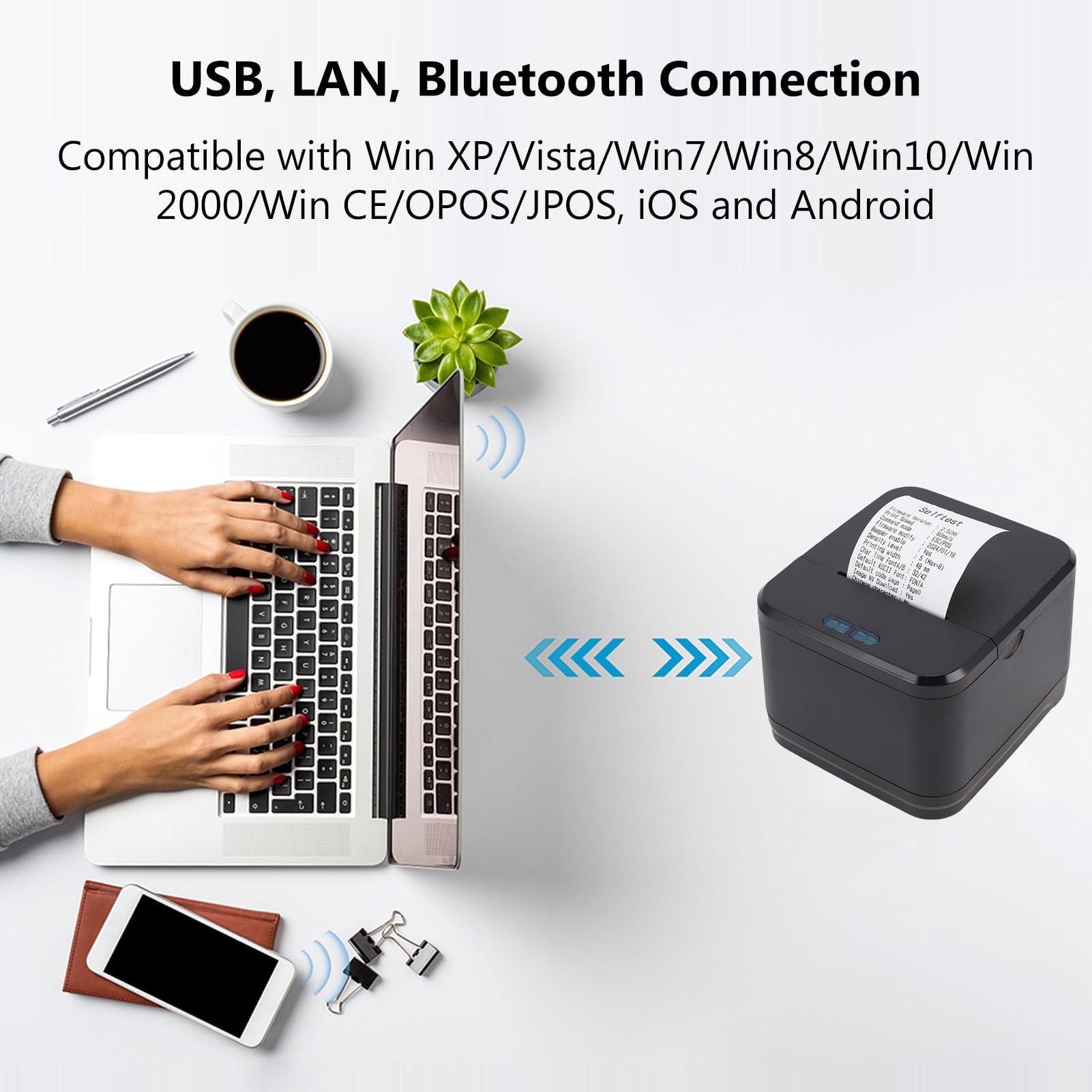 Bisofice Bondrucker Bluetooth 58mm, BT+USB+LAN, Belegdrucker Thermodrucker, Kompatibel mit Android/Windows für Restaurantverkauf Einzelhandel