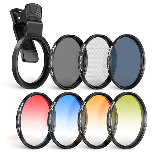 NEEWER 52 mm ND+CPL + Effect Filter Set with Mobile Phone Lens Clamp, ND32/Polarising/6 Point Star/4 Graduated Colour Filters, Compatible with iPhone 16 15 14 Pro Max Plus 13 12 11 Canon Nikon - 52mm
