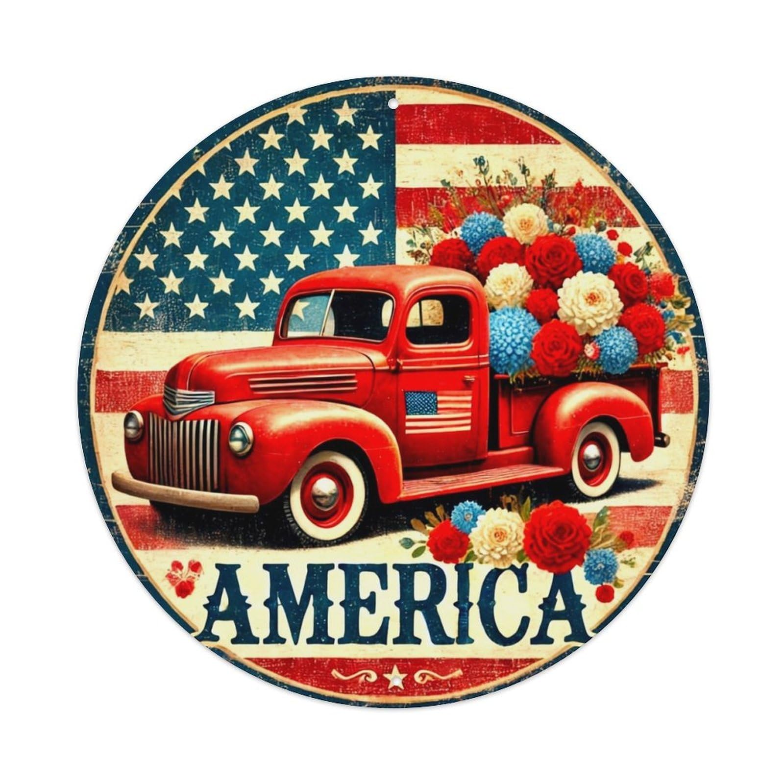 American Flag Truck Flowers America Round Metal Tin Sign Vintage Wall Decor, Bar Garage Cafe Kitchen Home Wall Art Poster 8x8inches