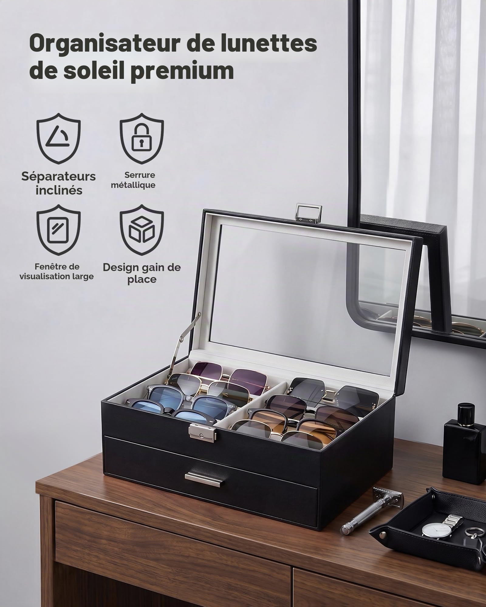 ProCase Boîte à Lunettes pour Homme, Rangement pour Paires Lunettes de Soleil, avec Couvercle Transparent et Serrure en Métal, Étui Élégant en PU
