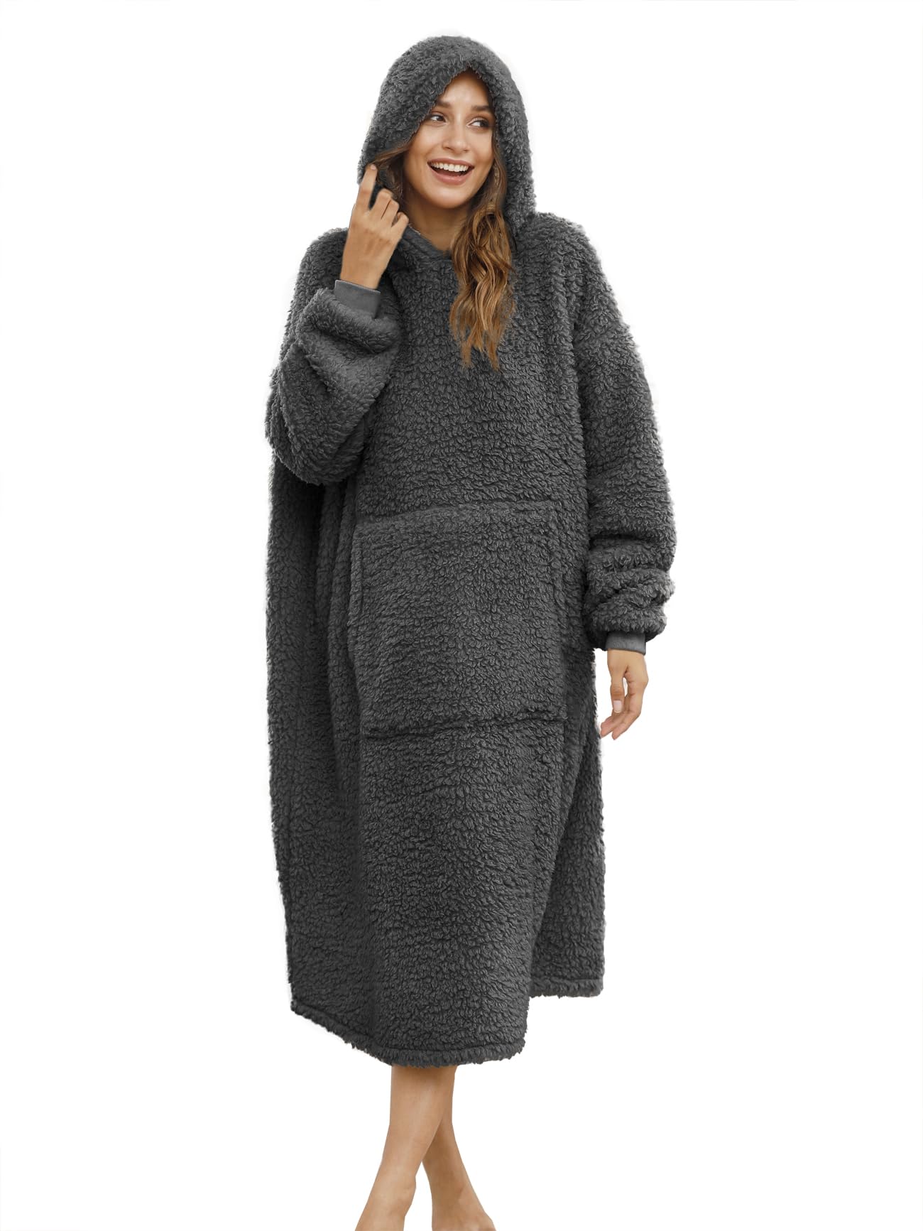 ililmmoe Sherpa Wearable Blanket Oversized Hoodie Sweatshirt TV Blanket with Long Sleeves and Pocket-DarkGray