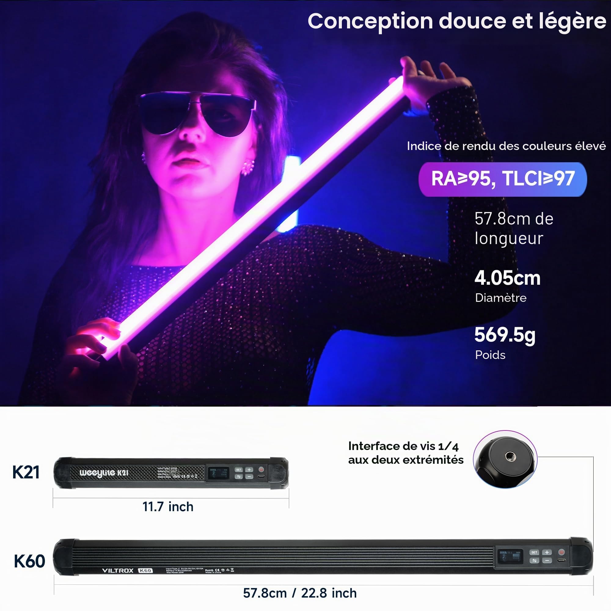 VILTROX K60 Lot de 2 bâtons Lumineux RVB, Grand Tube Lumineux pour Photographie de 22,8", Batterie Rechargeable 32Wh, 20W/1950 LM, Baguette Lumineuse RVB avec CRI 95 + 360°, écran LCD 2500K-8500K
