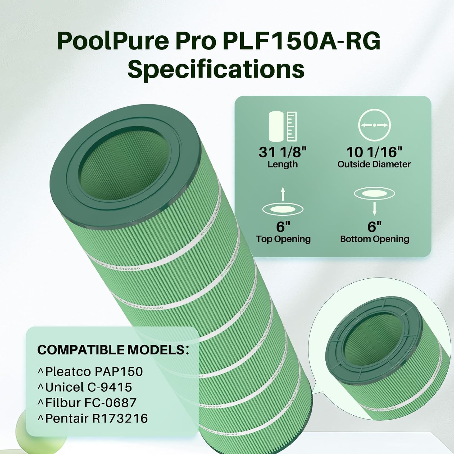 POOLPURE PAP150 Biodegradable Antimicrobial Pool Filter, Compatible with Pentair CC150, CCRP150, Ultral-C4, Unicel C-9415, R173216, Filbur FC-0687, 160317, 160355, 160352, LxOD: 31 1/8" x10 1/16"