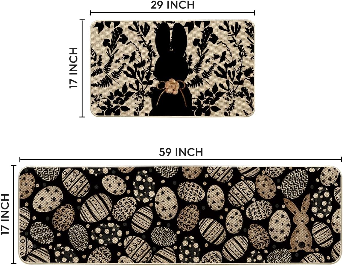 Artoid Mode Black Bunny Egg Leaves Easter Kitchen Mats Set of 2, Spring Home Decor Low-Profile Kitchen Rugs for Floor - 17x29 and 17x59 Inch