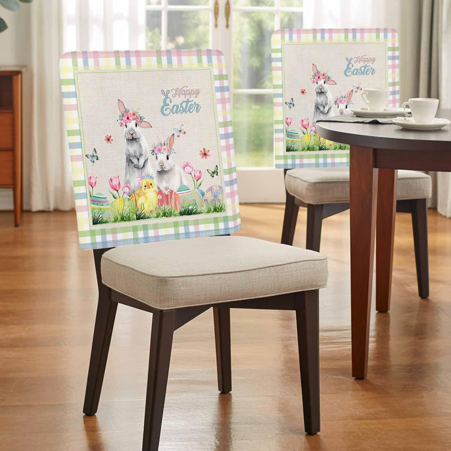 Savannan Dining Chair Back Covers, Happy Easter Rabbit Eggs Chick Colorful Buffalo Check Chair Covers Chair Slipcovers Protective Covers for Holiday Party Festival Decoration, Set of 6