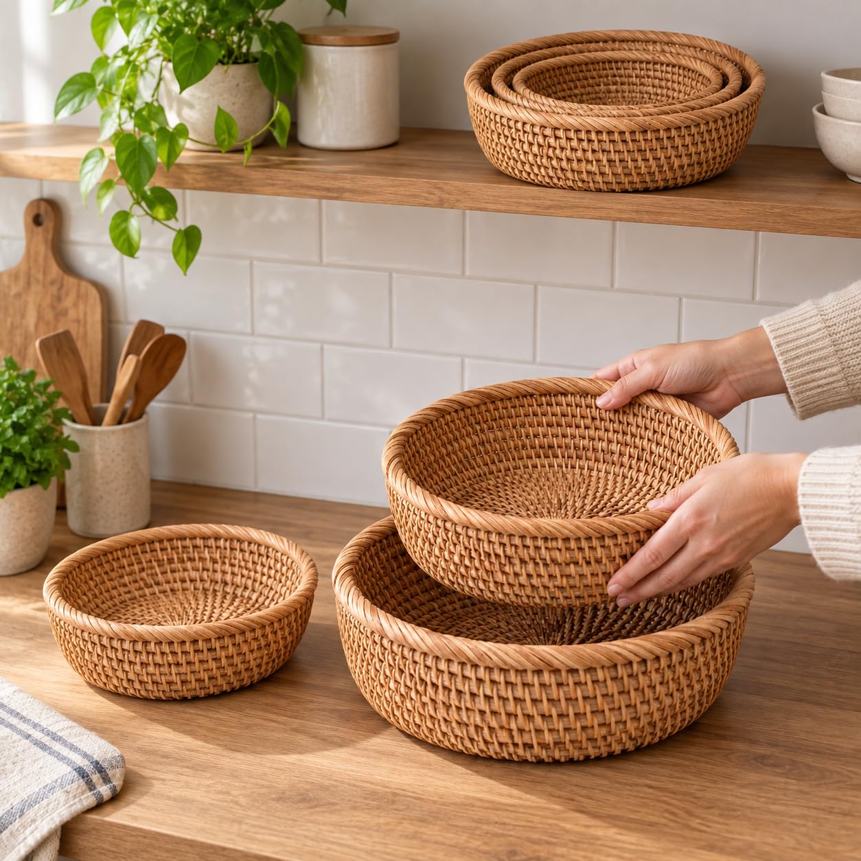Cesta s Mimbre Tejida a Mano, Grande: 26×11, 26
