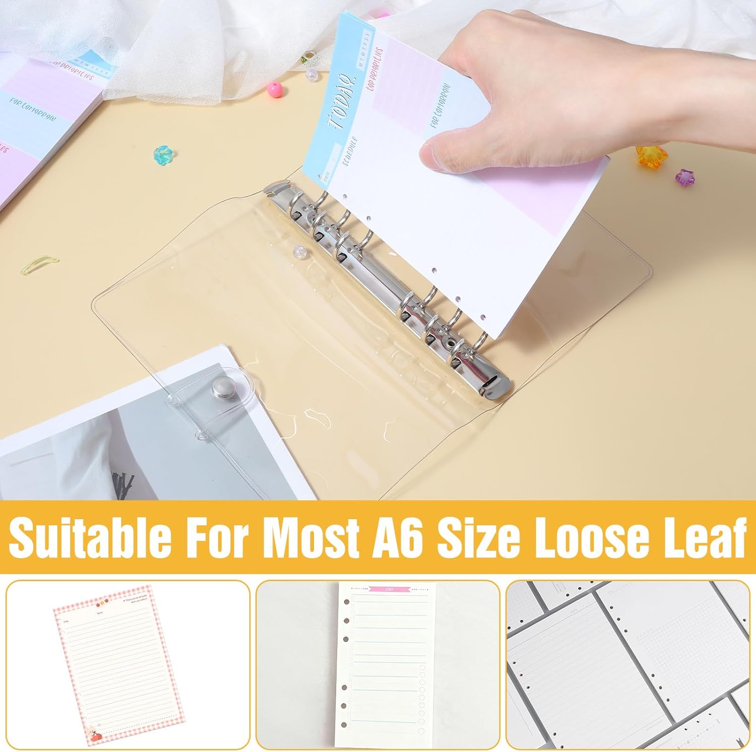10 Pack A6 6 Ring Binder, Clear 6 Ring Binder A6, Soft PVC Transparent Cover with Metal Rings, for Refillable Notebooks School Office Meeting Supplies (5.3 x 7.4 Inches)