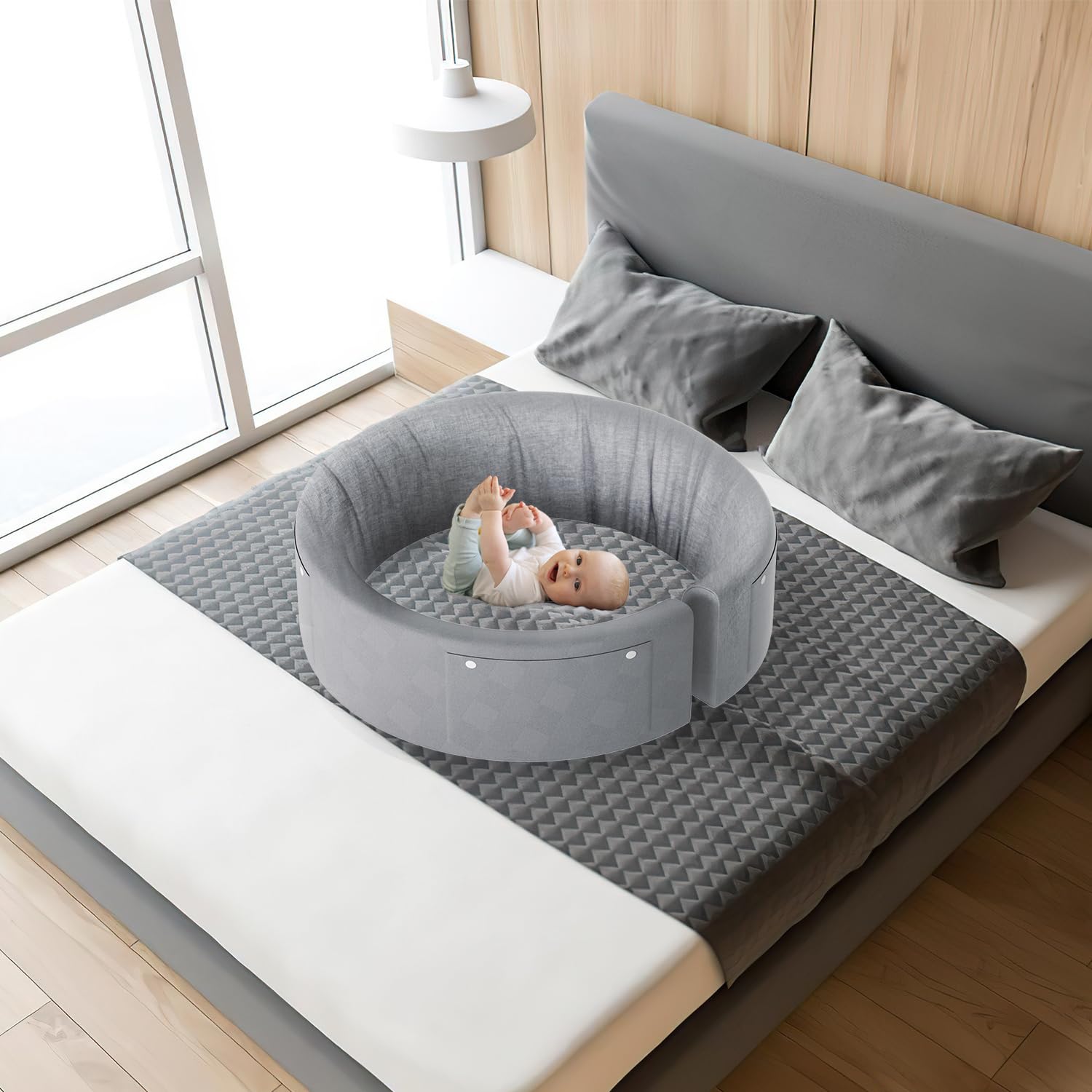 Bettgitter Bettschutzgitter 200 cm, Rausfallschutz für Kinderbett und Familienbett, 5-Fach höhenverstellbar 40-60 cm, biegsames weiches Bettgitter mit 4 Halterungen, Grau