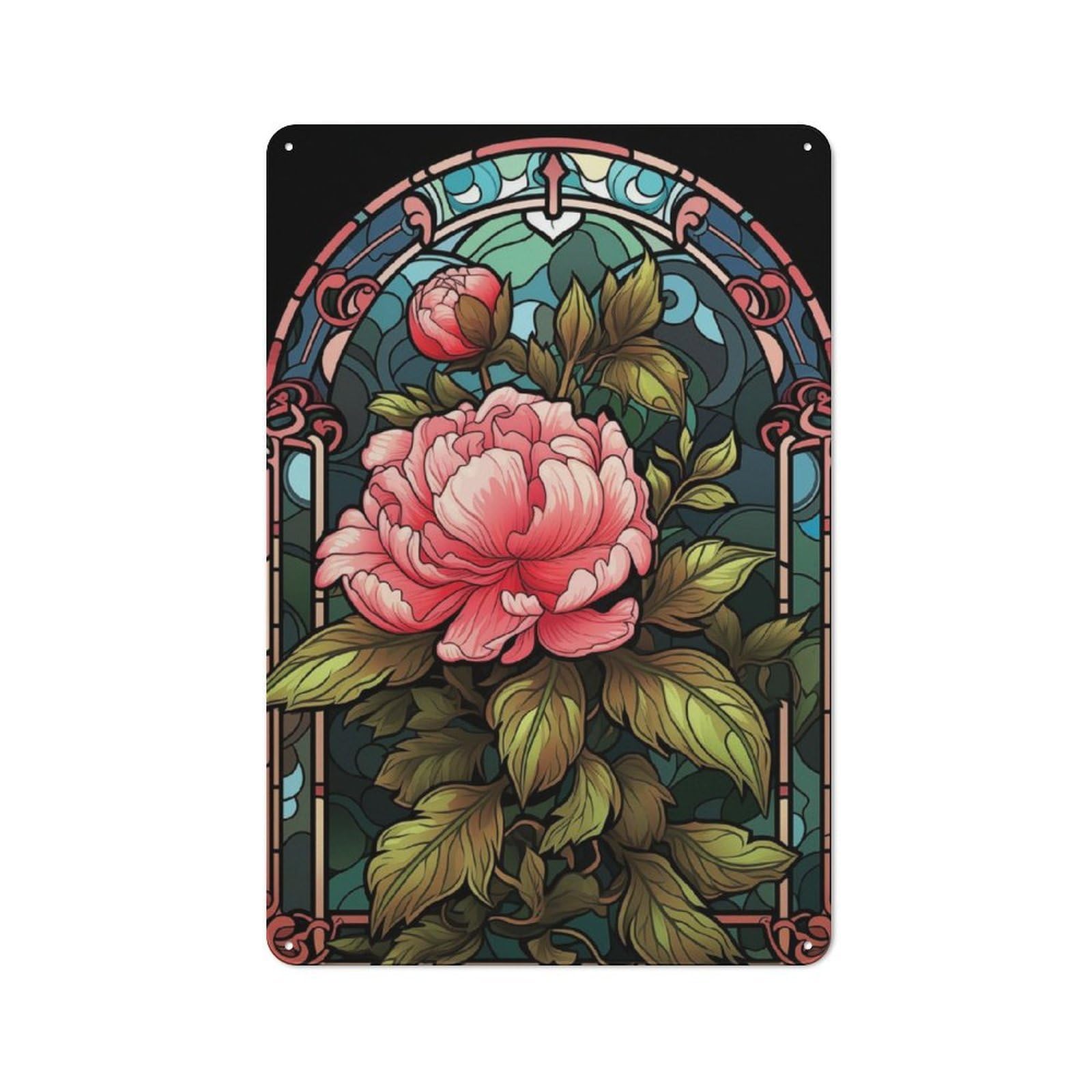 Junmoney Stained Glass Peony Vintage Tin Sign 30X20cm With For Guest Room Or Hallway, Suited To Wall Displays In Guest Rooms And Hallways