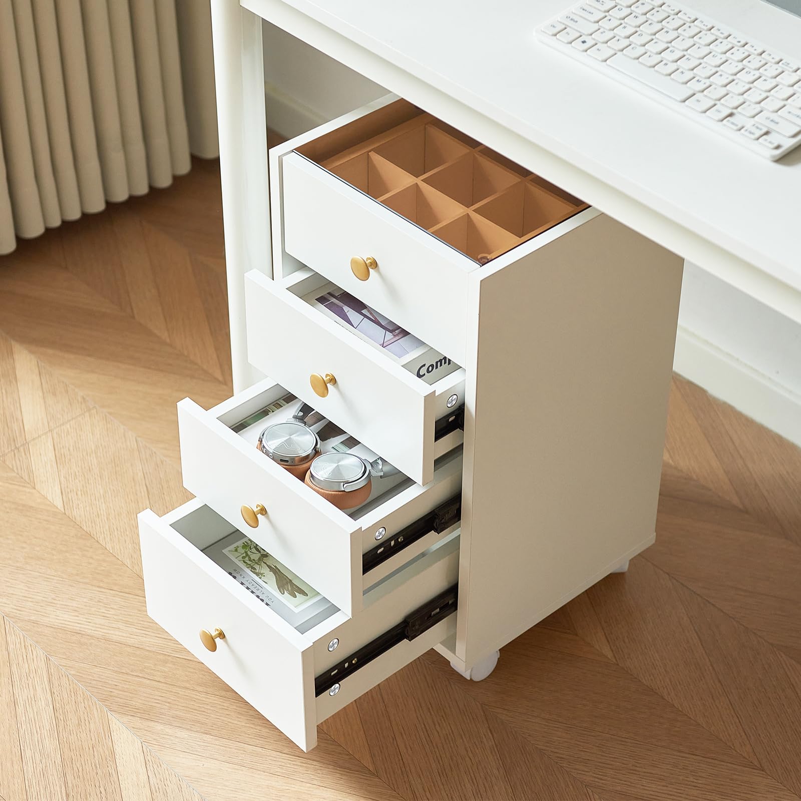 JanlyHome, piccola cassettiera con 5 cassetti, cassettiera da ufficio sotto la scrivania, armadietto in legno con piano in vetro, supporto per stampante mobile con ruote bloccabili, per casa, ufficio,