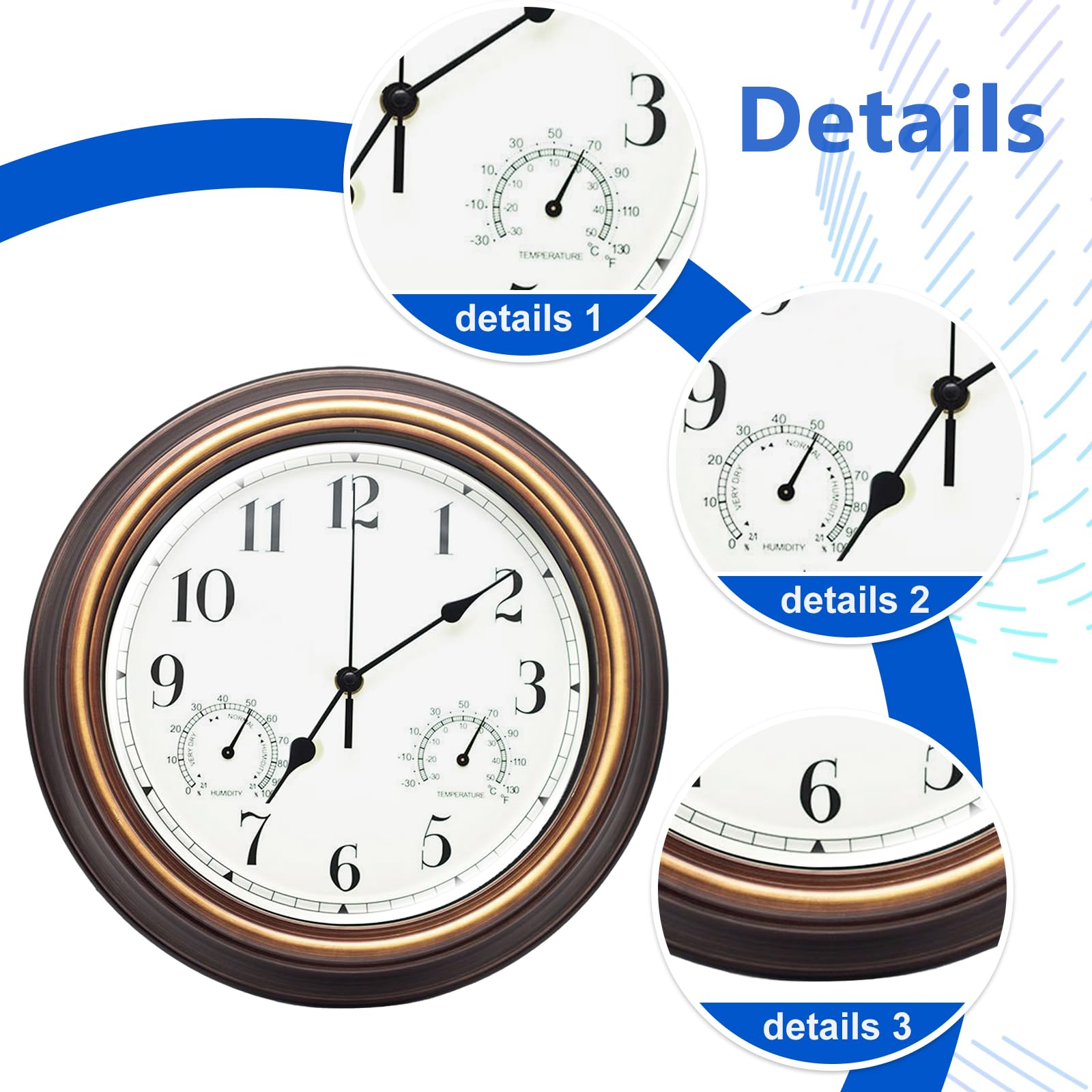 Gartenuhr Wetterfest, Außenuhren Wasserdicht, Wasserdichte Wanduhr, Außenuhren Wetterfest Mit Thermometer Und Hygrometer, Wanduhr für Drinnen Und Draußen für Küche Wohnzimmer Badezimmer (12 Zoll)