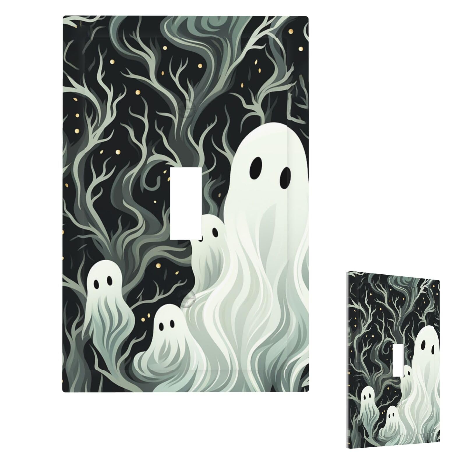 White Patterned Ghost Wall Plate Cover Modern Decorative 1 Gang Light Switch Cover Unbreakable Receptacle Outlet Covers For Living Room Bedroom Home Decor Single Toggle
