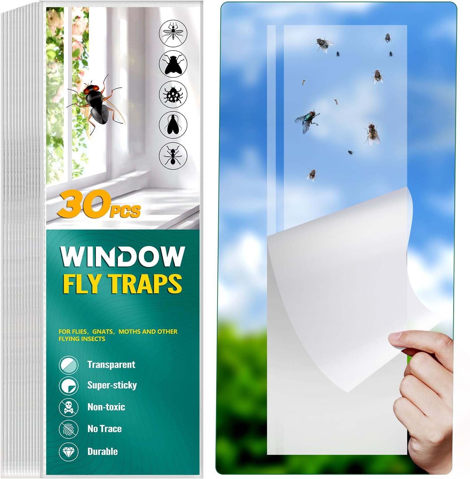 30 Pack Fruit Fly Traps Indoor, Non-Toxic Window Fly Trap Catcher Clear Trap for Home, Flies Traps Kitchen, Paper Sticky Strips, Flying Insect Traps for Bugs Mosquito Gnat, Lady Bug Killer Traps