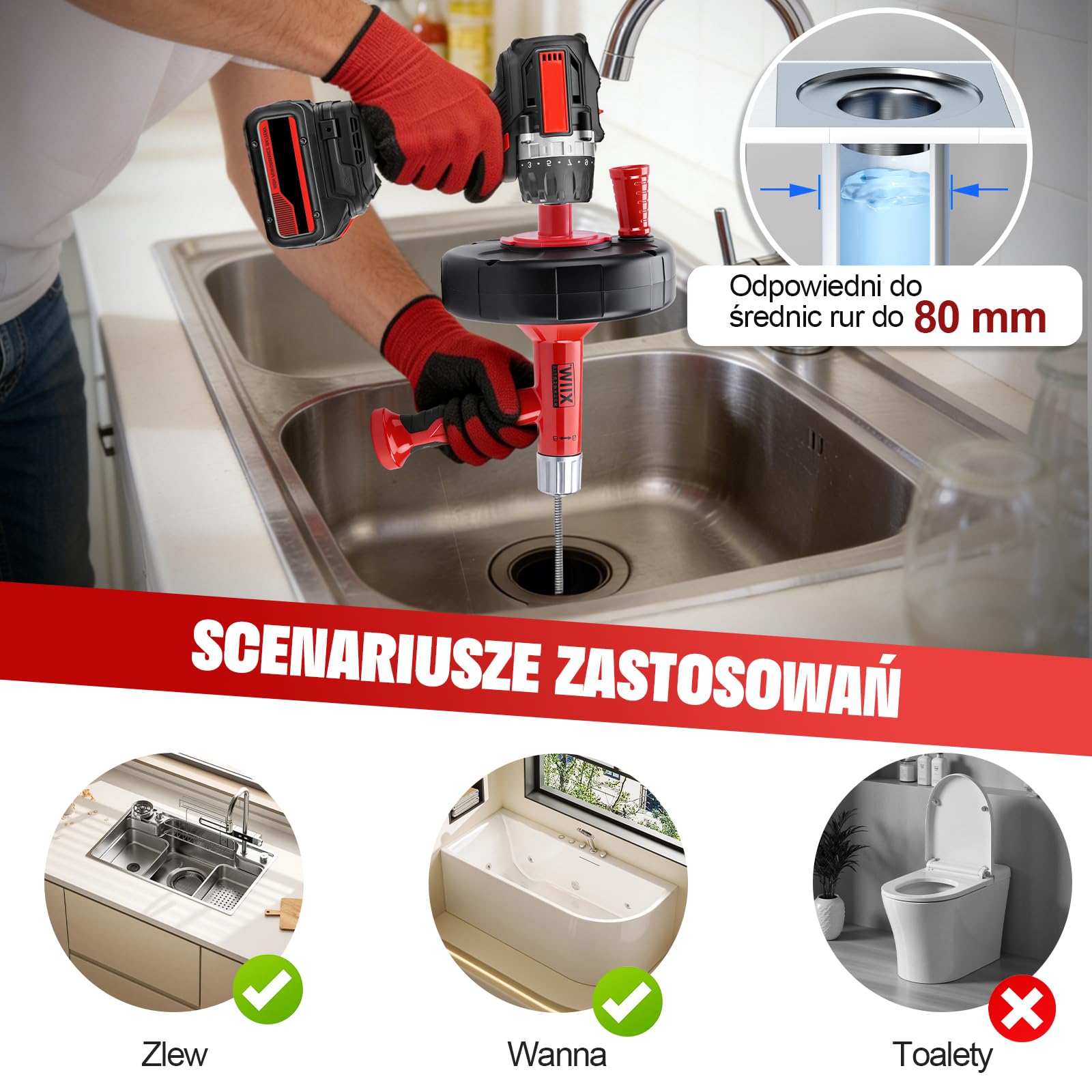 XIIW spirala do czyszczenia rur 9,5M | 2-in-1 ręczny/elektryczny z adapterem do wiertarki | Udrażniacz do rur – udrażnianie zatkanych odpływów w kuchni, łazienki | rękawice, okulary, torba w zestawie
