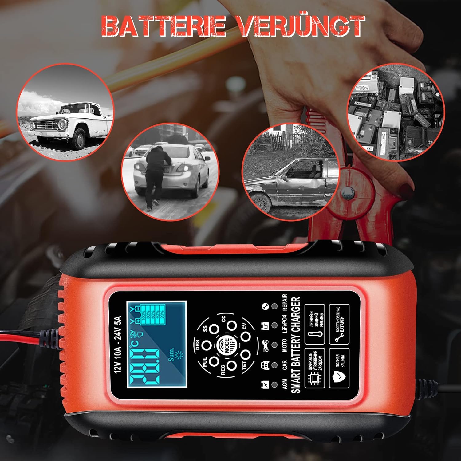 Image demonstrating the battery repair function of the YDBAO Smart Battery Charger, showing various scenarios of old or discharged batteries being rejuvenated.