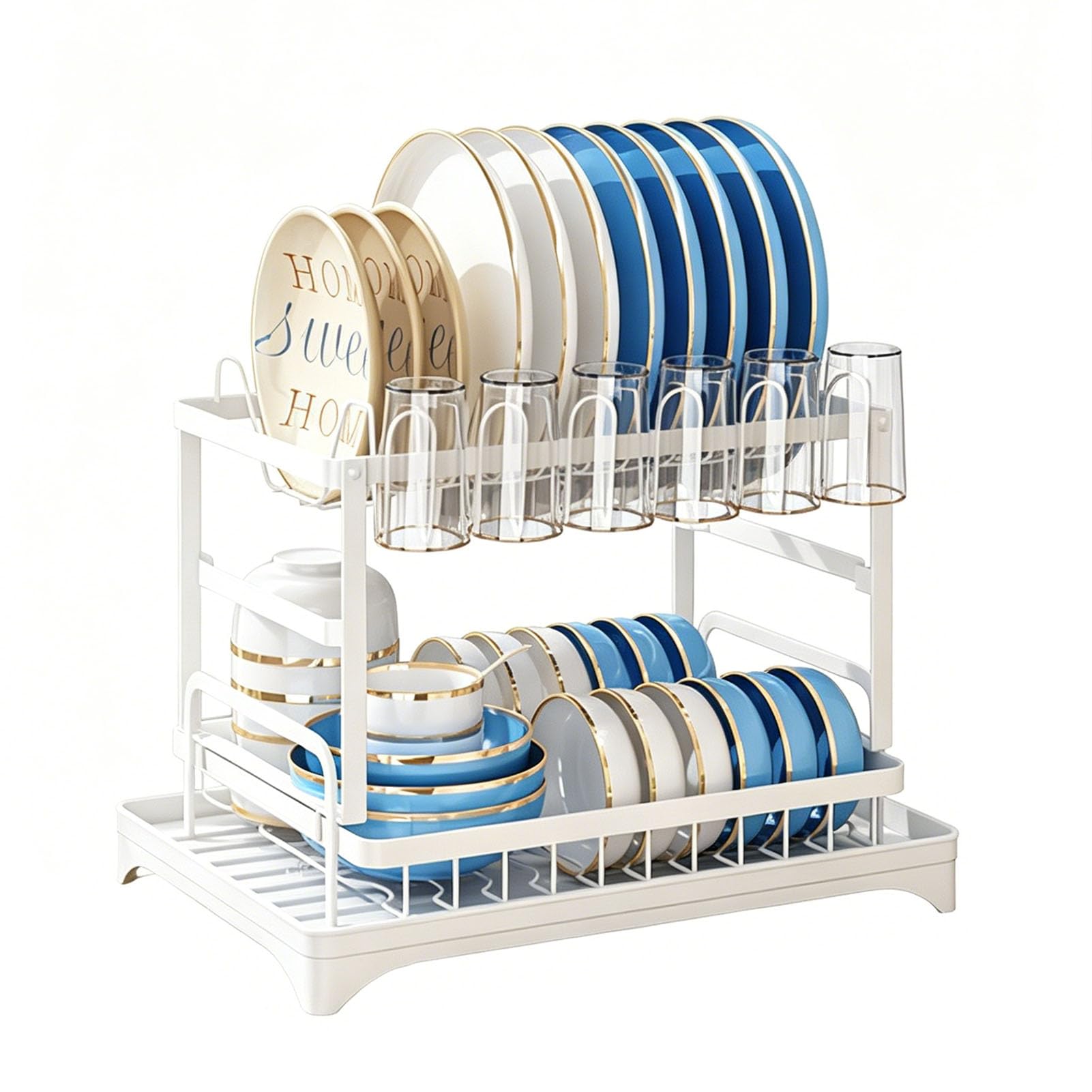 Tbatm White 2 Tier Dish Rack With Drainboard And Swivel Spout, Utensil Holder Organizer, Kitchen Countertop Drainer For Dishes, Bowls, Cups And Cutlery,,Standard Edition