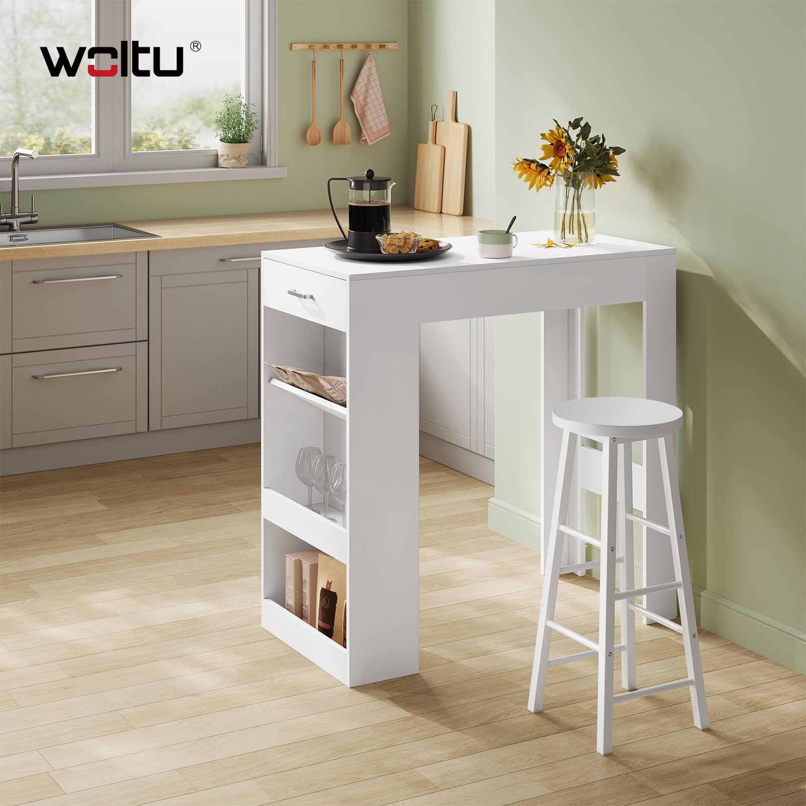 WOLTU Bartisch, Stehtisch mit 1 Schublade & 3 Ablagen, Küchentisch mit Weinregal, Bistrotisch für Bar Küche Wohnzimmer Esszimmer (Mit Brett, Weiß, 100 x 50 x 100 cm)