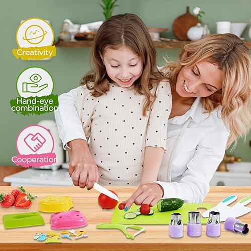 Miniatura 4 de Juego de 26 cuchillos para niños para cocina real, herramientas de cocina Montessori con tabla de cortar para niños, juegos de cocina para niños de