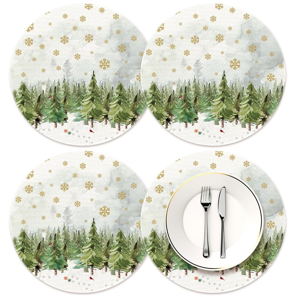 4 Pack Christmas round placemat,Christmas Table Place Mat Set,Christmas Placemats,Linen Placemats Washable Cloth Table Placemats for Kitchen Restaurant Dining Table (I)