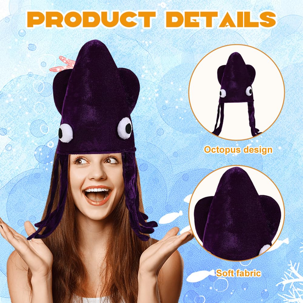Copbopwn Playful Squid Hat Funny Party Hats Soft Breathable Fabric Silly Hats for Adults Fish Hat for Cute Sea Creature Headwear Themed Event Octopus Hats Costume Party Dressing Up Props (Purple) - Image 3
