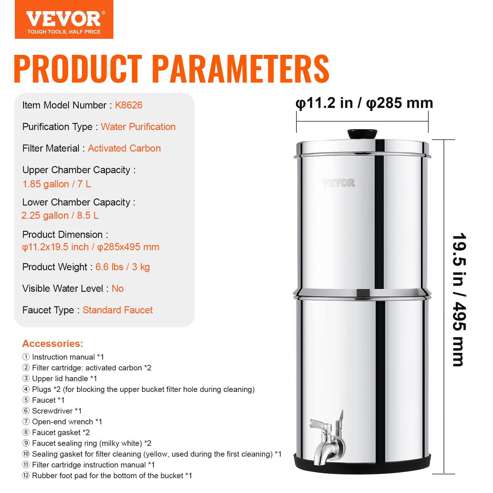 VEVOR Système de Filtration d'Eau par Gravité 8,5 L, Filtre à Eau par Gravité de Comptoir, en Inox 304, Réduction du Plomb et jusqu'à 99% du Chlore, avec 2 Filtres à Charbon et Robinet, Domicile