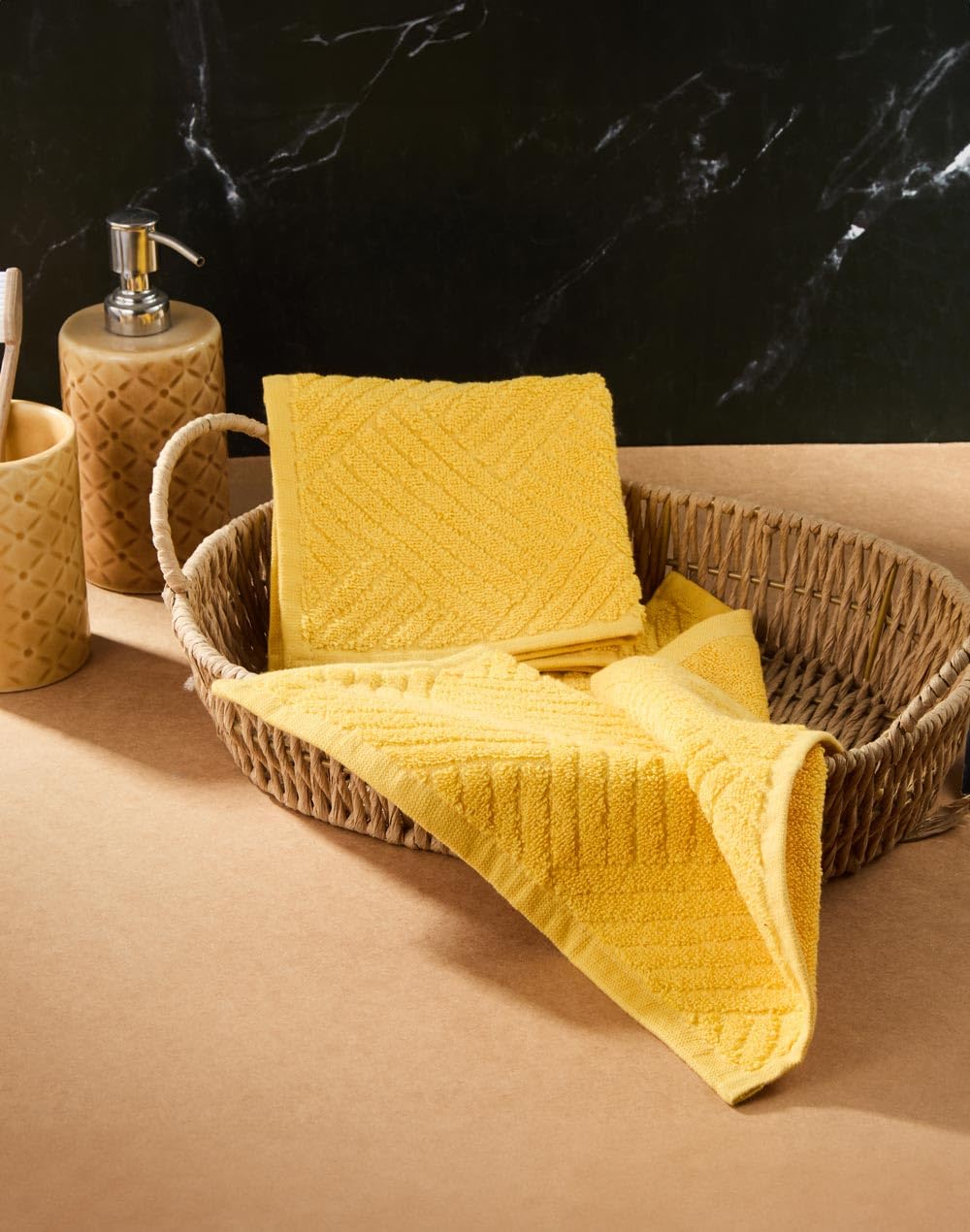 Fabindia Yellow Cotton Woven Face Towel Set of 2-picture-32