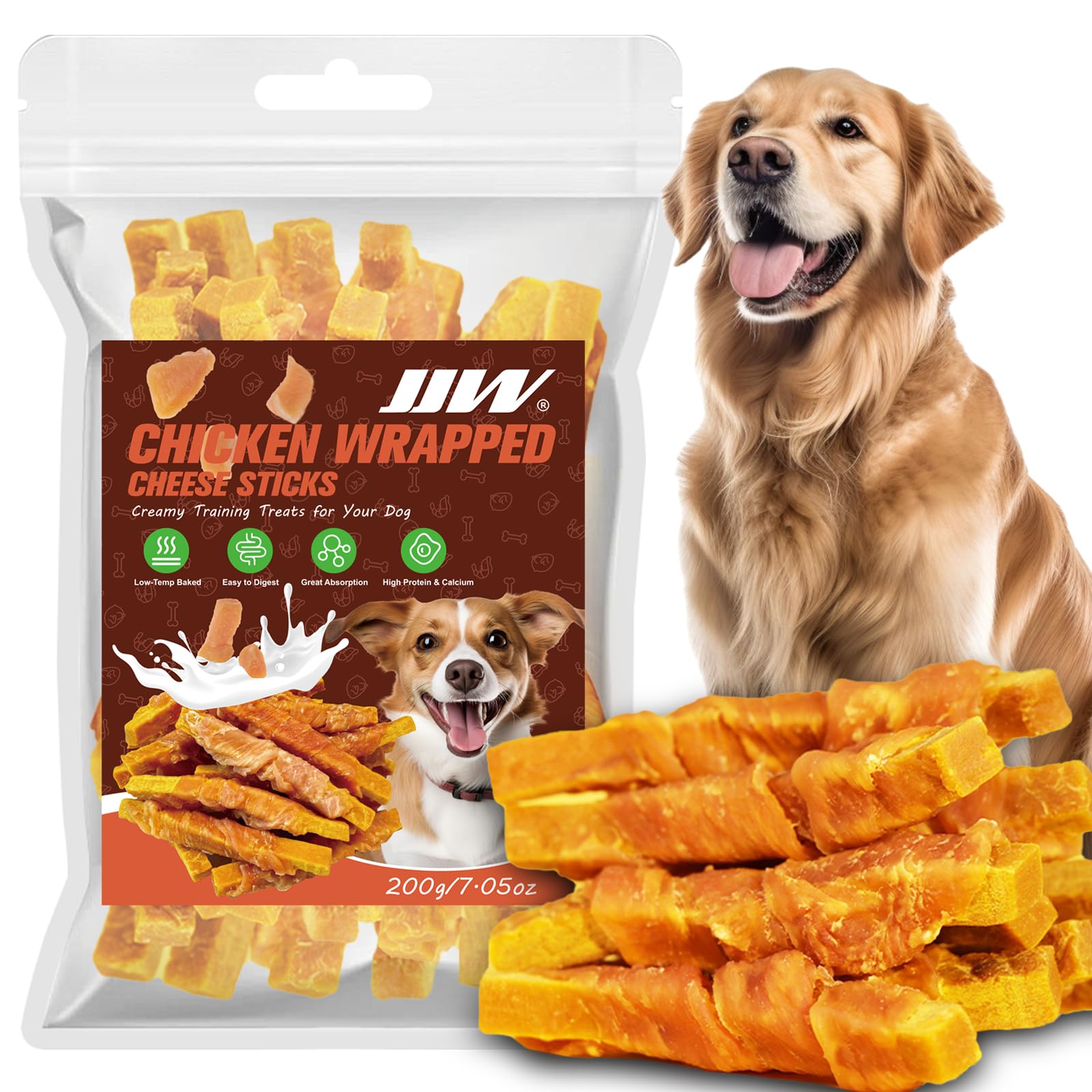 JJW Chicken Wrapped Cheese Sticks Dog Treats, Low Temp Baked High Protein Chicken Jerky Chews, Calcium Supplement Training Reward Snacks for Puppy Adult Senior Dogs, Easy Digest Dental Chews