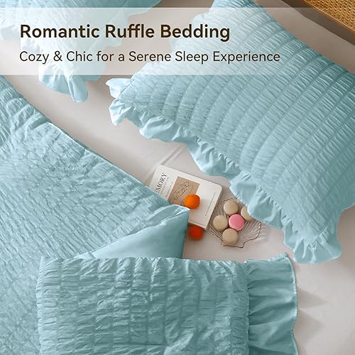 Miniatura 136 de JOLLYVOGUE - Juego de edredón tamaño queen, de 3 piezas, estilo seersucker, ligero y esponjoso para todas las estaciones, con 1 edredón con volantes