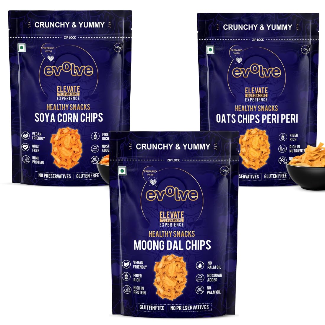 Evolve Healthy Snacks Pack of 3 Moong dal Chips, Soya corn chips and Oats chips 100gm | All Natural Millets and Grains | Vacuum Cooked | No Added Preservatives-image-29