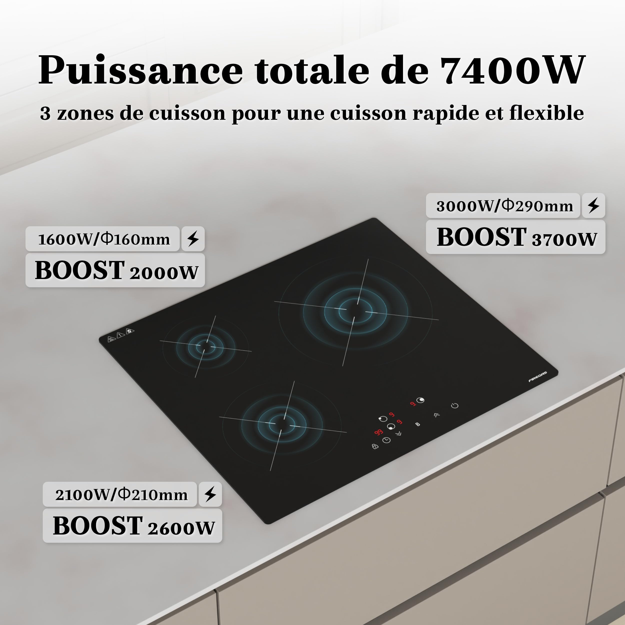 FIREGAS Plaque à Induction 3 Foyers Encastrable 7400W, Commande Tactile, Booster, Minuterie, Sécurité Enfant, Raccordement Électrique Fixe - 4
