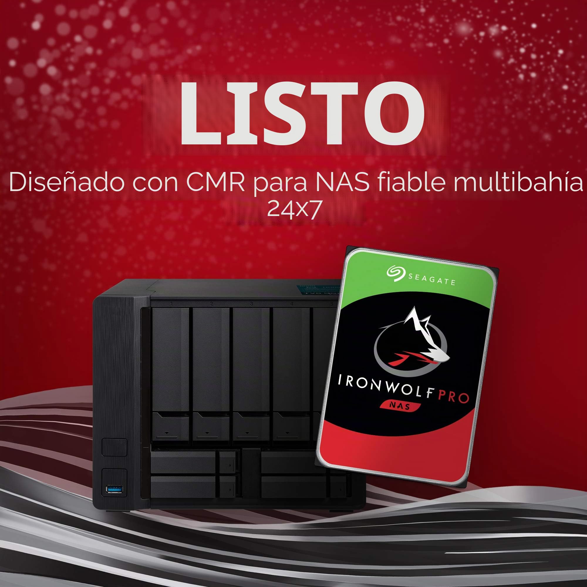 Seagate IronWolf Pro, 12TB, NAS, Disco duro interno, HDD, CMR 3,5" SATA 6 Gb/s, 7200 r.p.m., caché de 256 MB para almacenamiento RAID, servicio de recuperación de datos Rescue(ST12000NE0007)