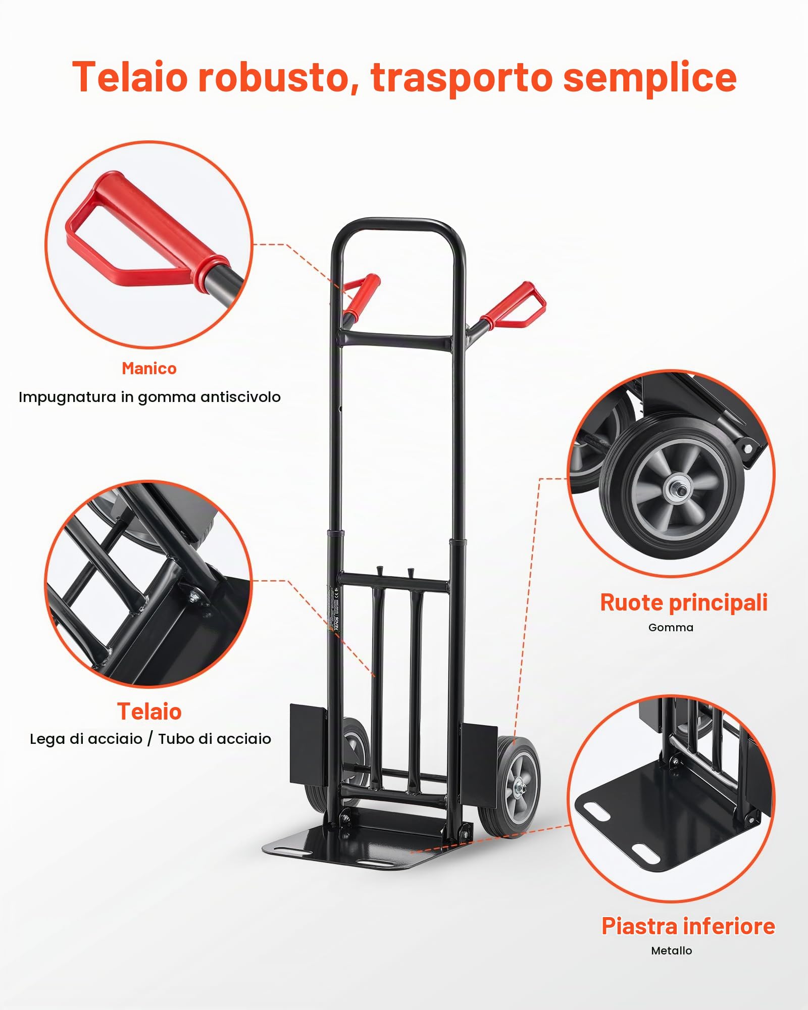 VEVOR Carrello a Mano Capacità di Carico di 272,1 kg Carrello a Mano per Carichi Pesanti con Ruote, Maniglia Telescopica e Cinghia di Ancoraggio per Traslochi di Casa, Ufficio, Magazzino