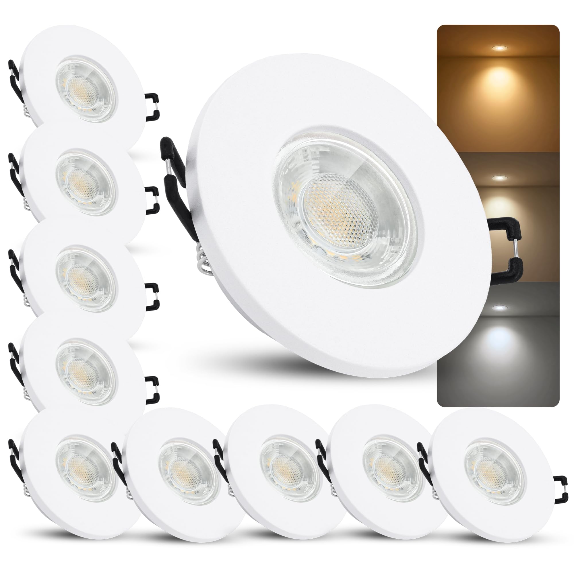 linovum 10 Stück ISAWO LED Einbaustrahler Bad rund & weiß IP65 für Außen & Dusche - LED GU10 5W warmweiß 230V Deckenstrahler