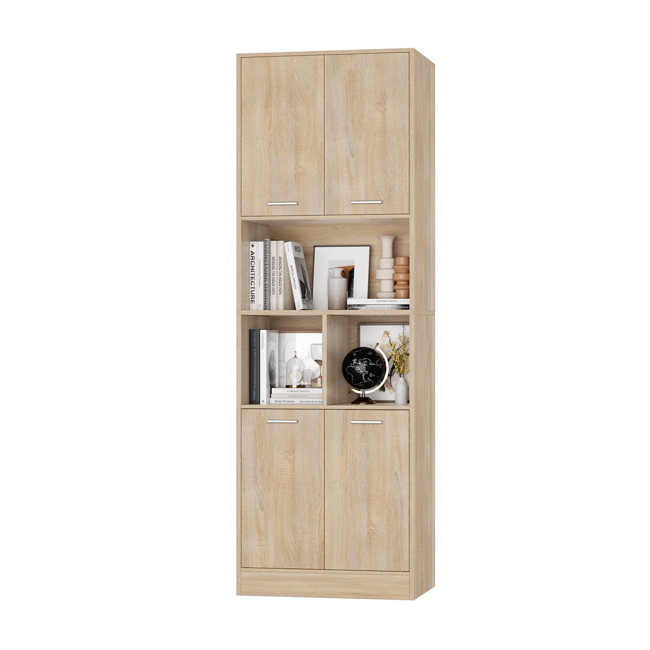 FirFurd 180.5cm Tall Bookcase Oak Bookshelf with 4 Doors Living Room Bookcases Free Standing Storage Cupboard for Home Office 180.5x60x40cm