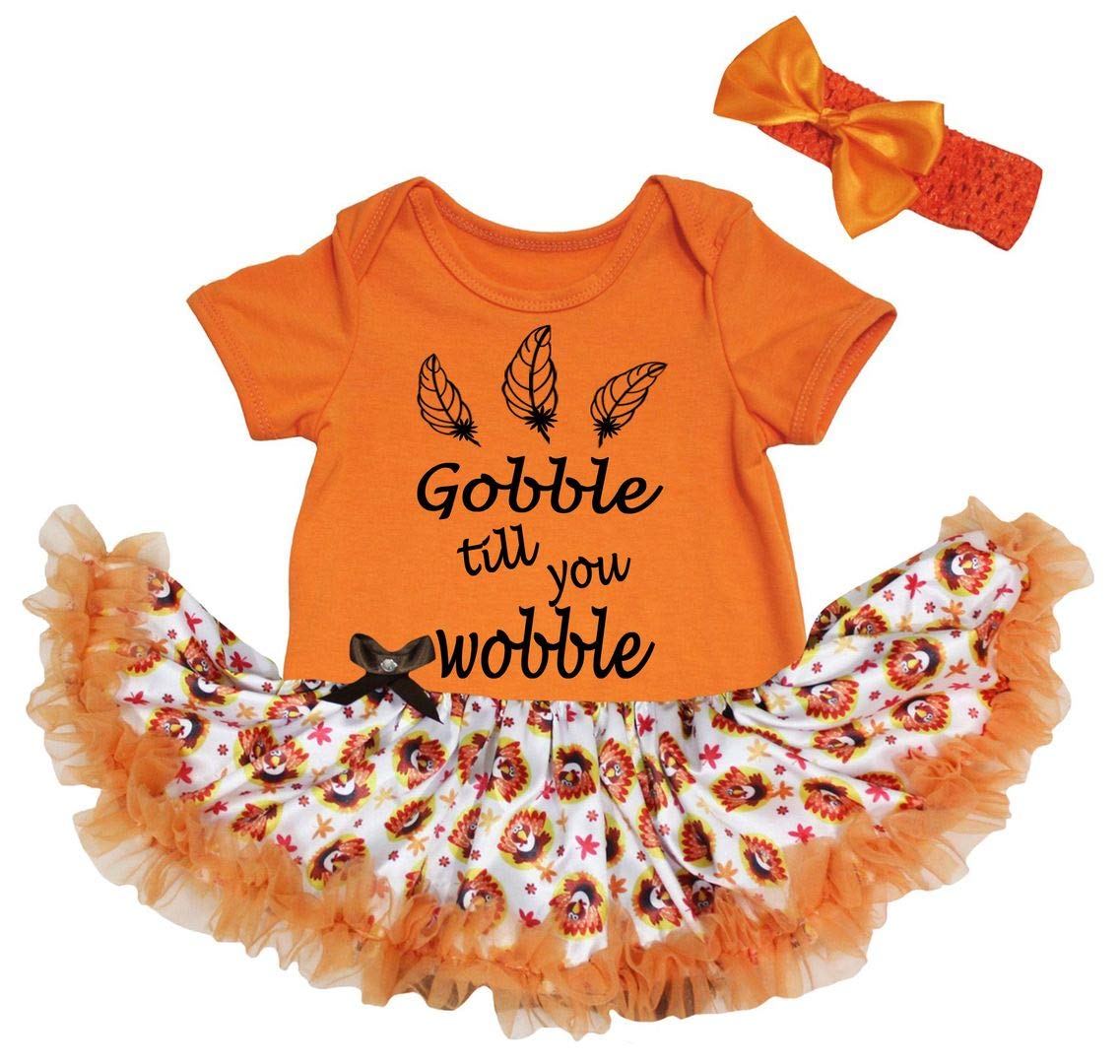 Petitebella Feathers Gobble Till You Wobble Baby Dress Nb-18m (Orange/Turkey Dots, 6-12 Months)