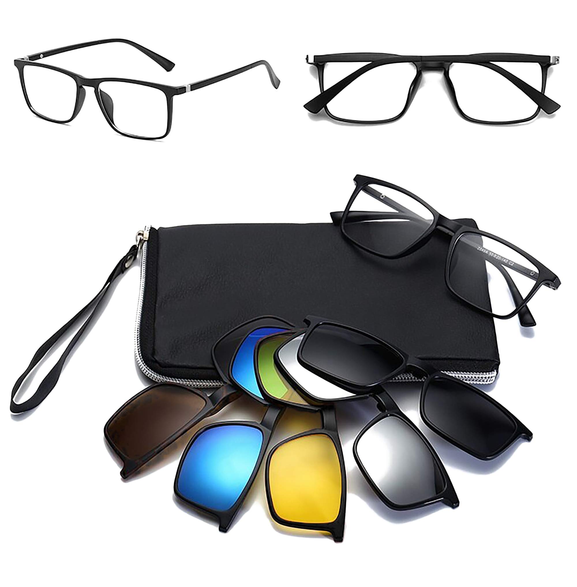 VisionsIndia 6 in 1 Polarized Magnetic Clip On Sunglasses Eye Glasses With UV 400 Night Drive Unisex (2298, Square, 56|17, Large)