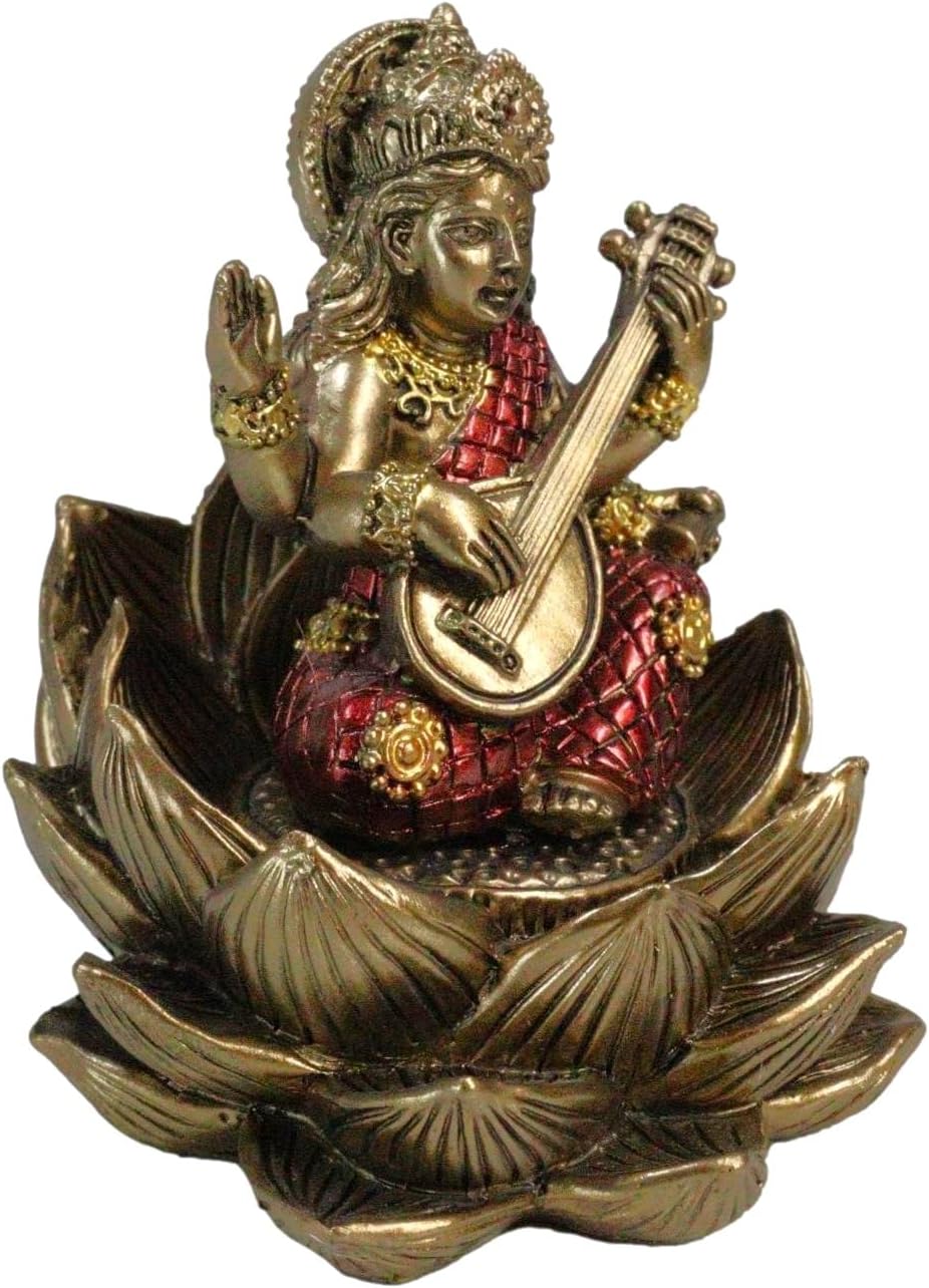 Ebros Gift Eastern Enlightenment Vastu Hindu Beautiful Goddess Saraswati Sitting On Lotus Flower Throne Playing Veena Guitar Miniature Figurine 3.25" Tall Deity of Music Arts Knowledge